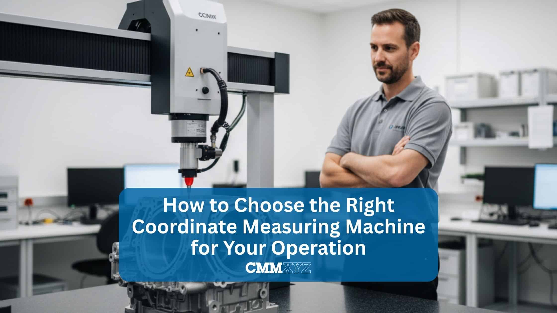 Technician standing beside a coordinate measuring machine inspecting a component in a precision measurement lab.