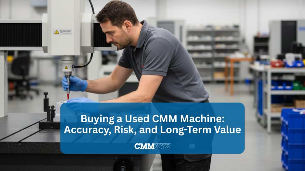 Technician inspecting a component with a coordinate measuring machine during evaluation of a used CMM system.