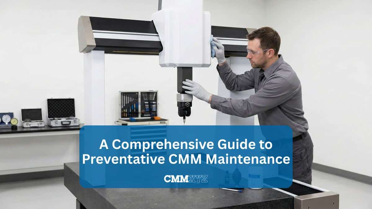 Technician operating a coordinate measuring machine in an inspection lab with text overlay about a comprehensive guide to preventative CMM maintenance.