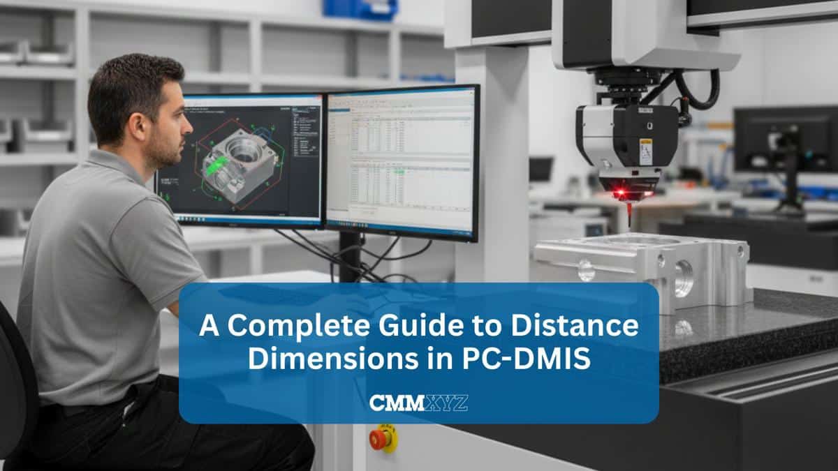 Technician operating a coordinate measuring machine while reviewing PC-DMIS measurement data on dual monitors during part inspection.